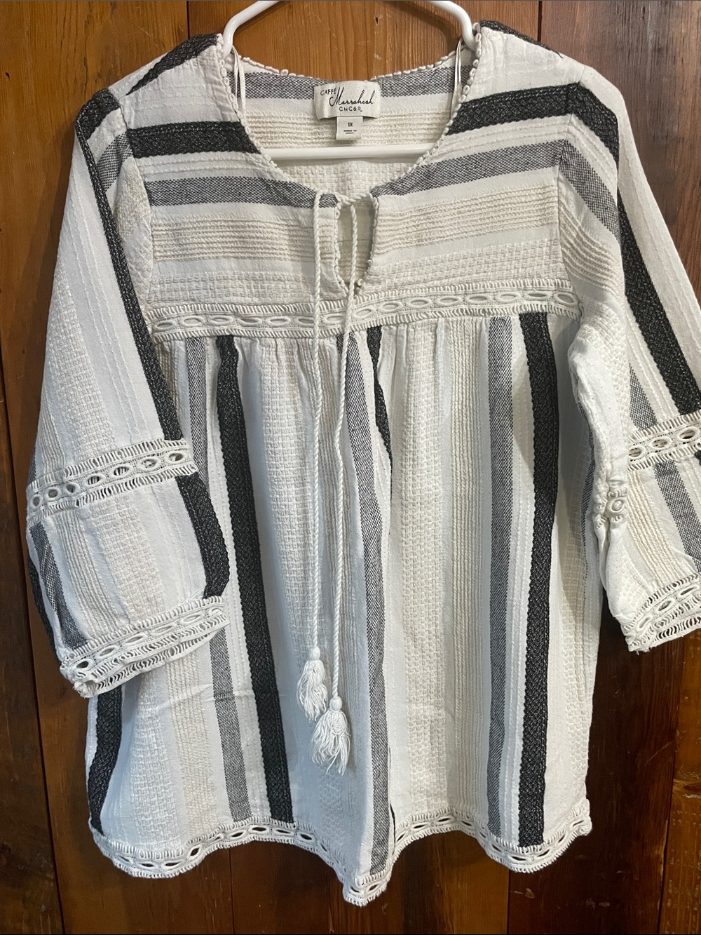 Lightweight White & Black Striped Peasant Tunic with Tassel Tie